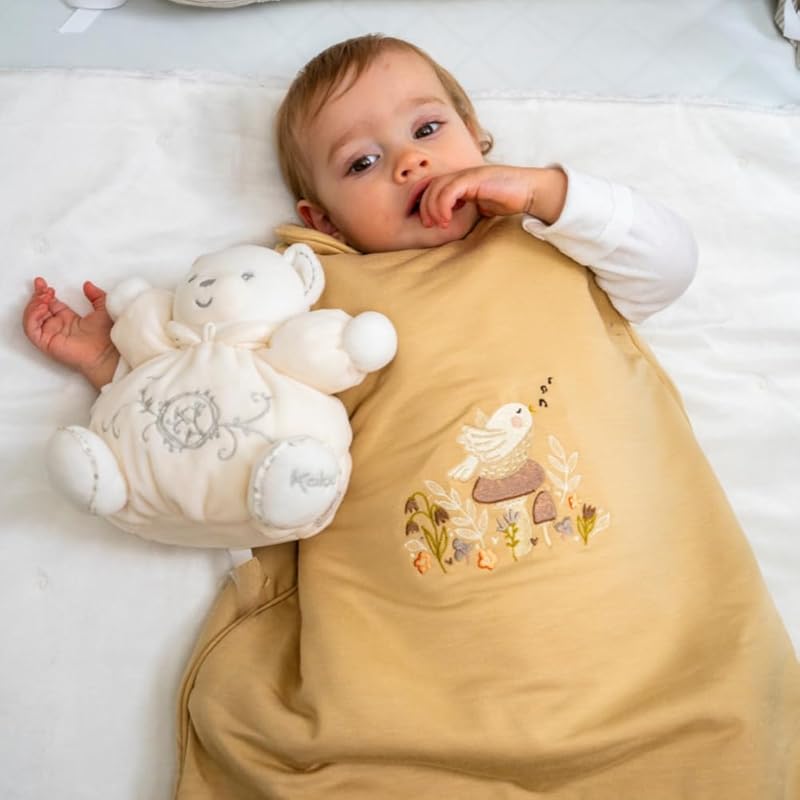 Baby sleeping peacefully in a cozy Dumontier sleeping bag for babies.
