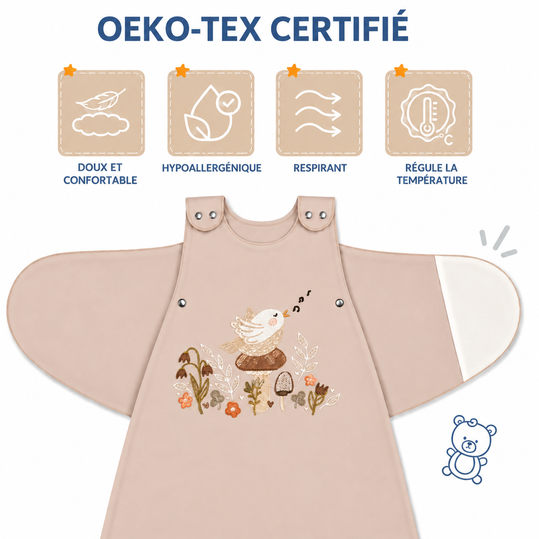 Gigoteuse bébé Ecowool Le chant de l’oiseau couleur grège, confection Dumontier
