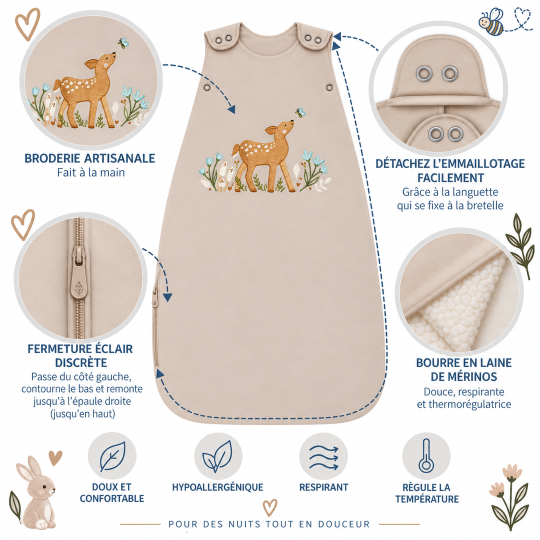 Gigoteuse bébé Ecowool 2-en-1 Le petit faon, couleur grège