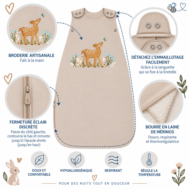 Gigoteuse bébé Ecowool 2-en-1 Le petit faon, couleur grège