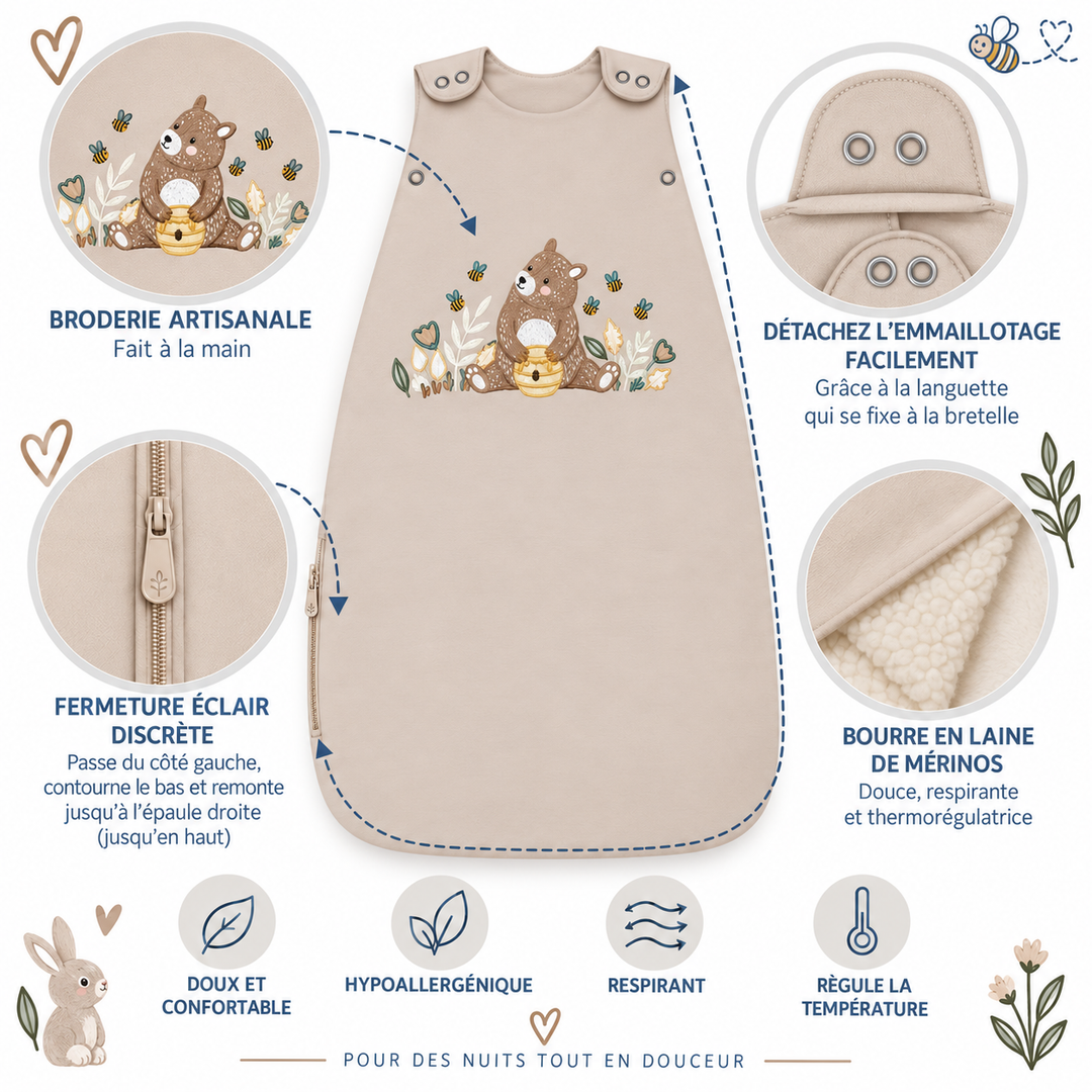 Gigoteuse bébé Ecowool ajustable 0–24 mois, L’ours et son miel, grège