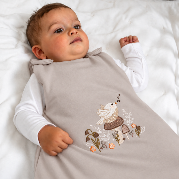Gigoteuse Ecowool 2-en-1 pour bébé, broderie Le chant de l’oiseau, grège