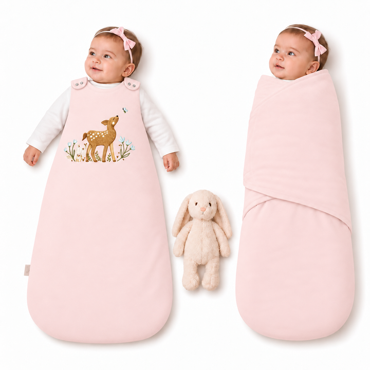 Gigoteuse bébé Ecowool Le petit faon en rose brumeux, modèle évolutif