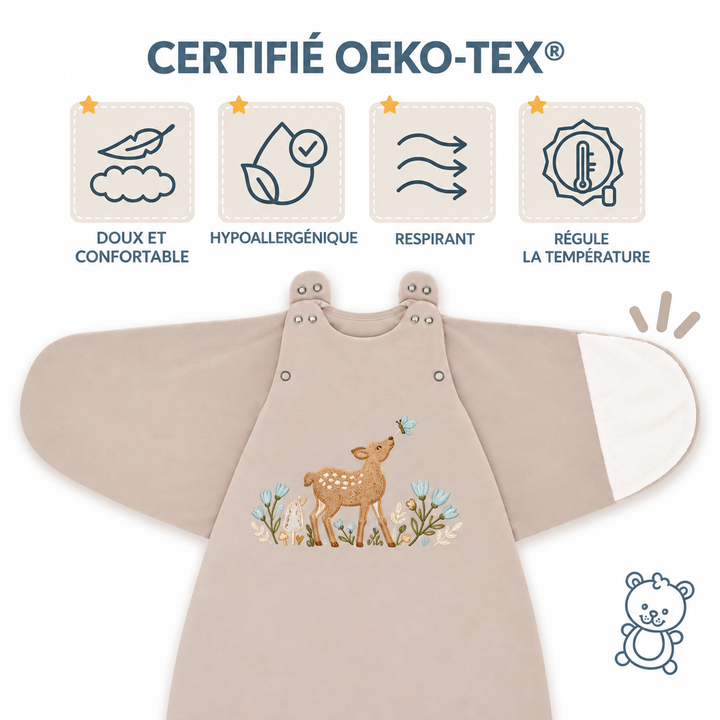 Gigoteuse bébé Ecowool 0–24 mois Le petit faon, couleur grège