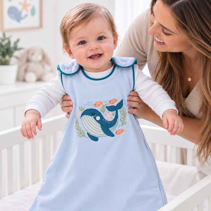 Bébé portant une gigoteuse Baleine bleu aqua avec sa mère