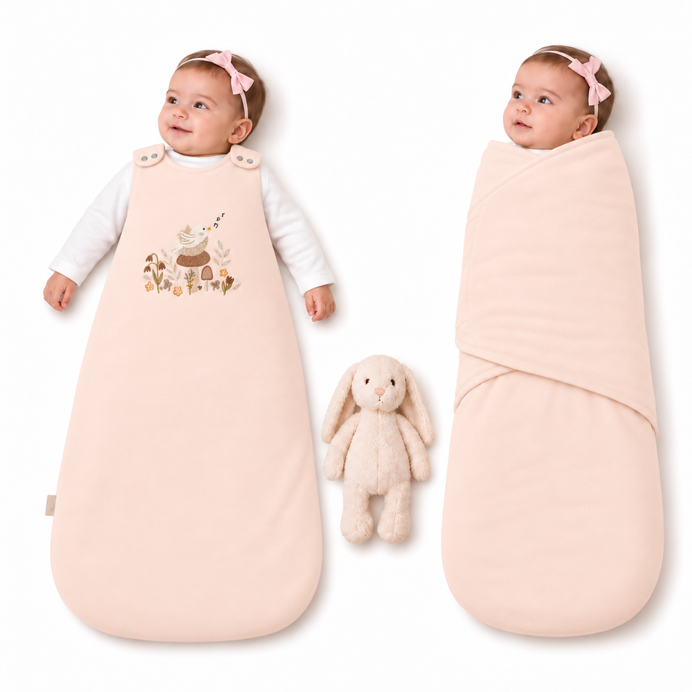 Gigoteuse bébé Ecowool Le chant de l’oiseau en rose brumeux, modèle évolutif