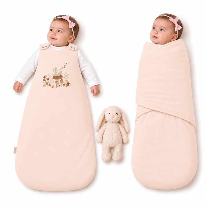 Gigoteuse bébé Ecowool Le chant de l’oiseau en rose brumeux, modèle évolutif