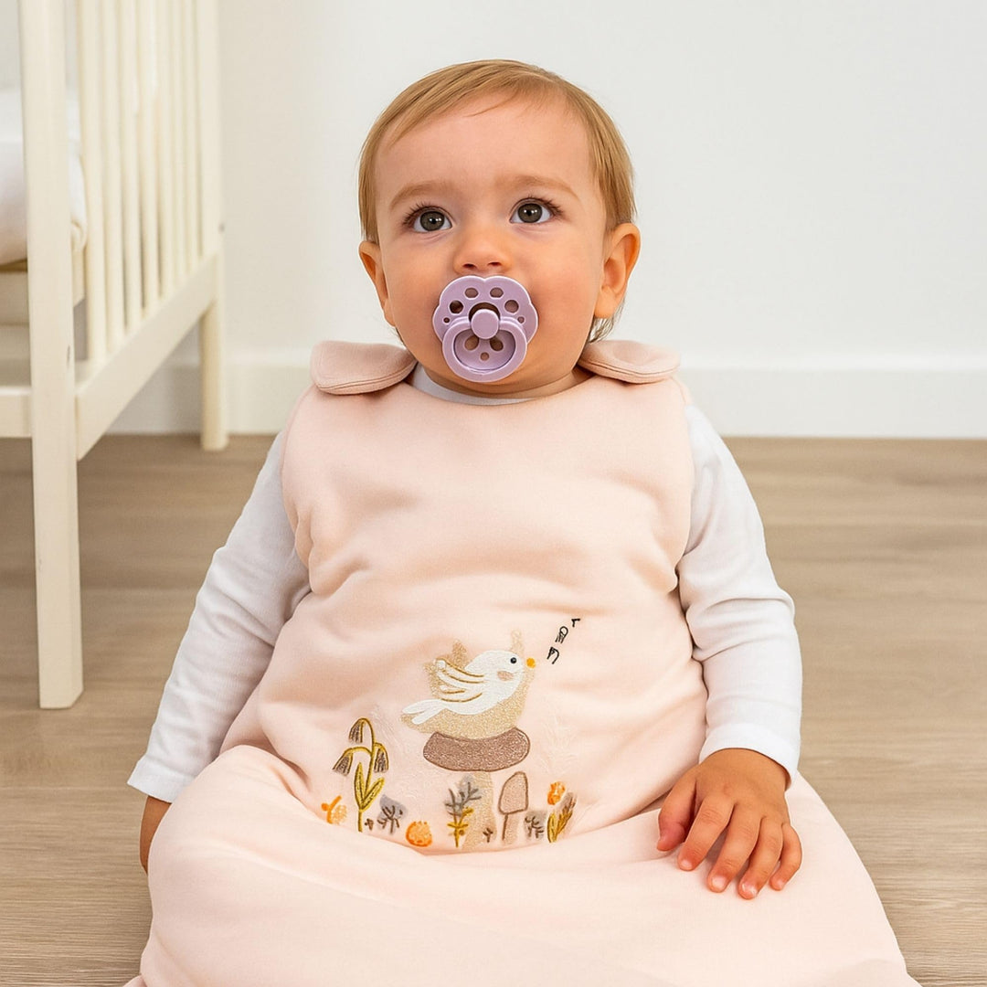 Gigoteuse bébé Ecowool rose brumeux, modèle Le chant de l’oiseau
