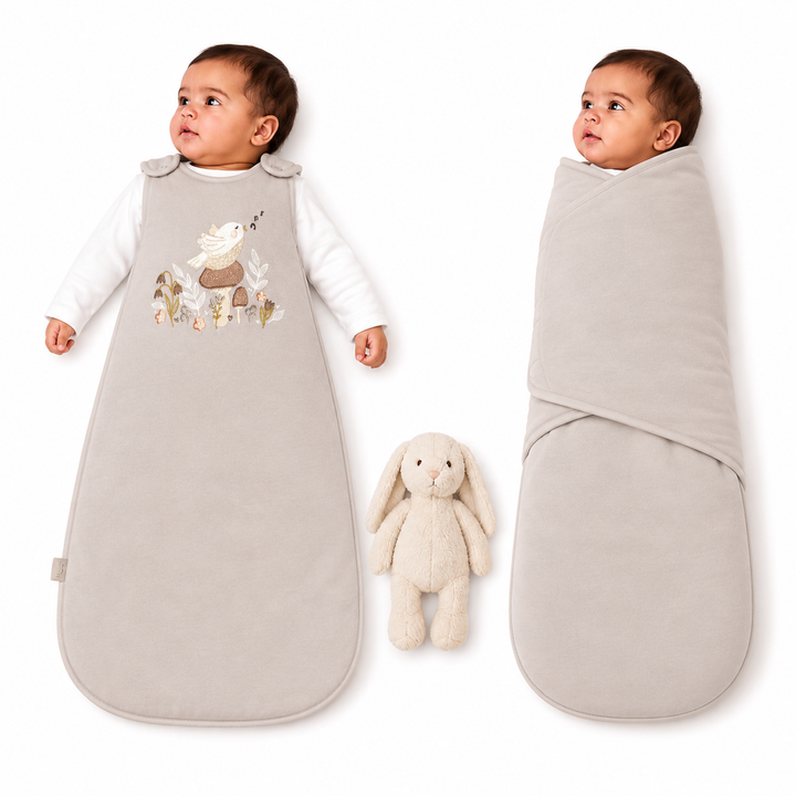 Gigoteuse bébé Ecowool Le chant de l’oiseau en grège, modèle évolutif 0–24 mois
