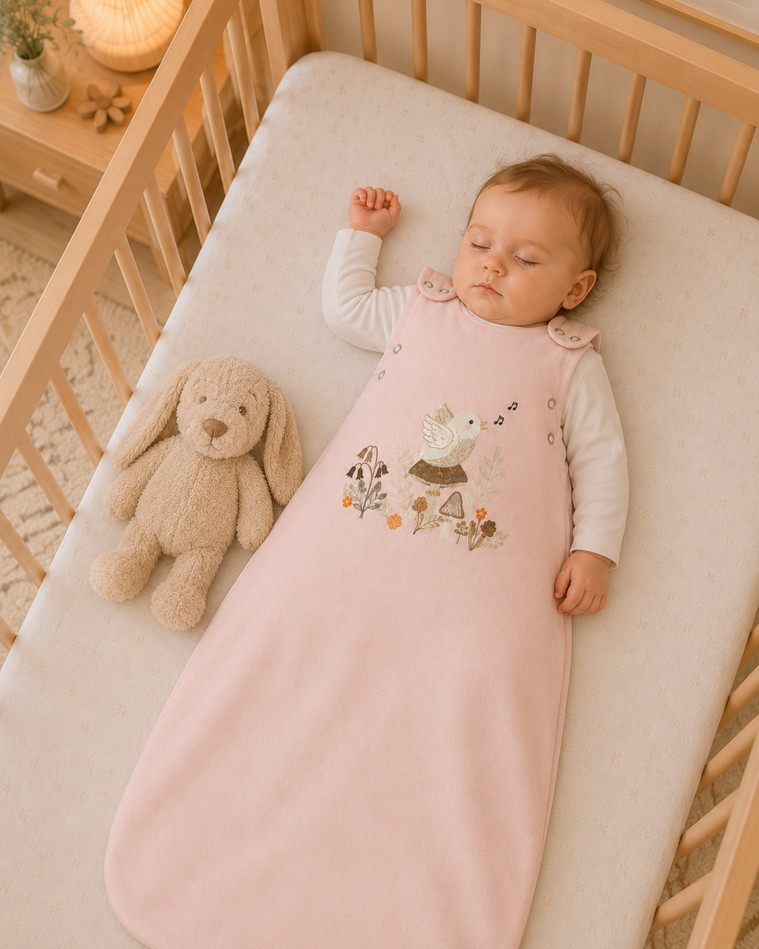 Gigoteuse bébé Ecowool ajustable 0–24 mois, Le chant de l’oiseau, rose brumeux