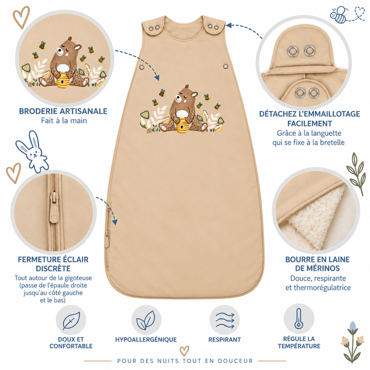 Gigoteuse bébé Ecowool couleur miel, détail du tissu et des finitions