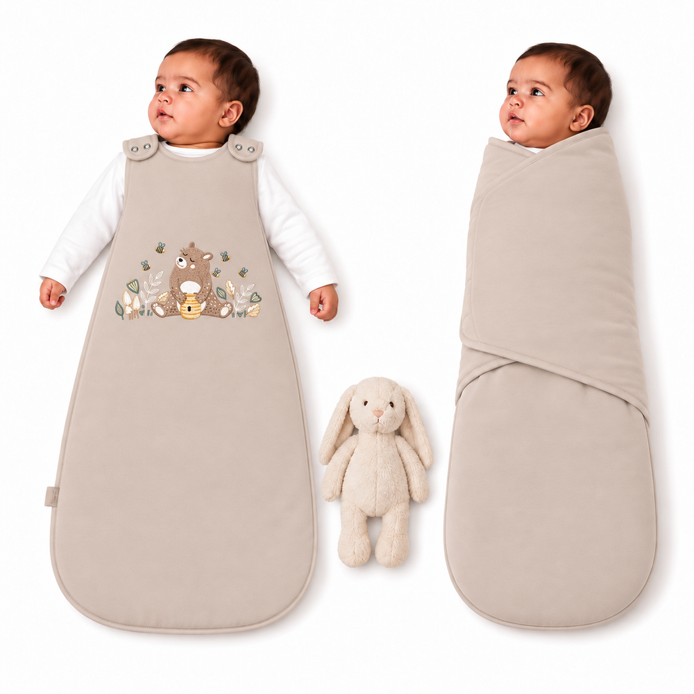 Gigoteuse bébé Ecowool L’ours et son miel en grège, modèle évolutif 0–24 mois