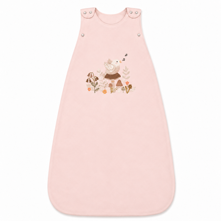 Gigoteuse bébé Ecowool 2-en-1, 0–24 mois – Le chant de l’oiseau – Rose brumeux