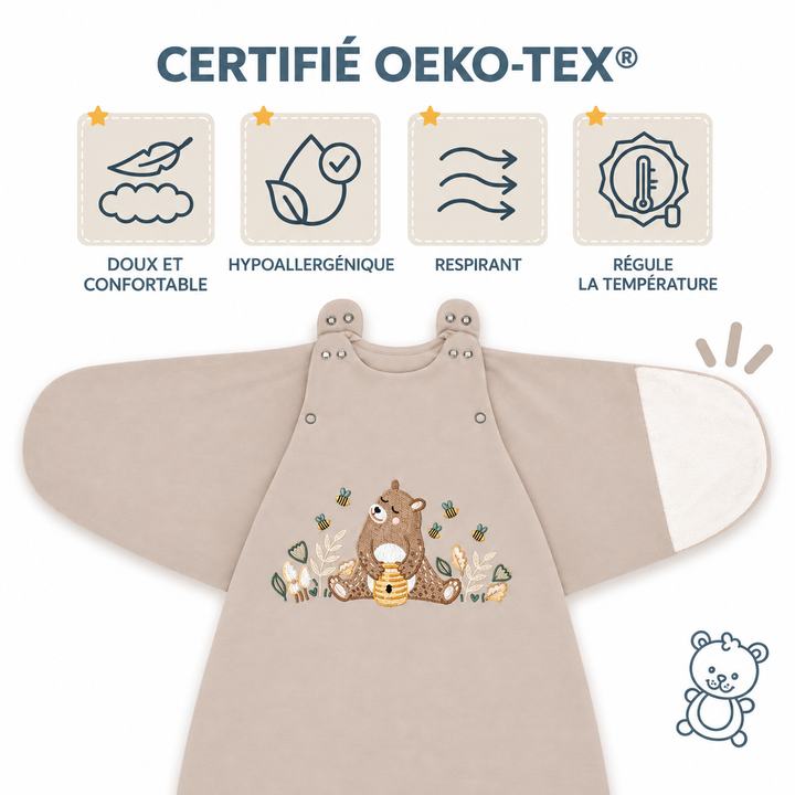 Gigoteuse bébé Ecowool L’ours et son miel couleur grège, confection Dumontier