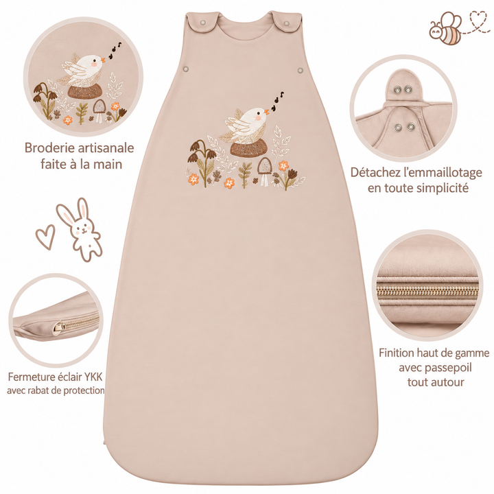 Gigoteuse bébé Ecowool ajustable 0–24 mois, Le chant de l’oiseau, grège
