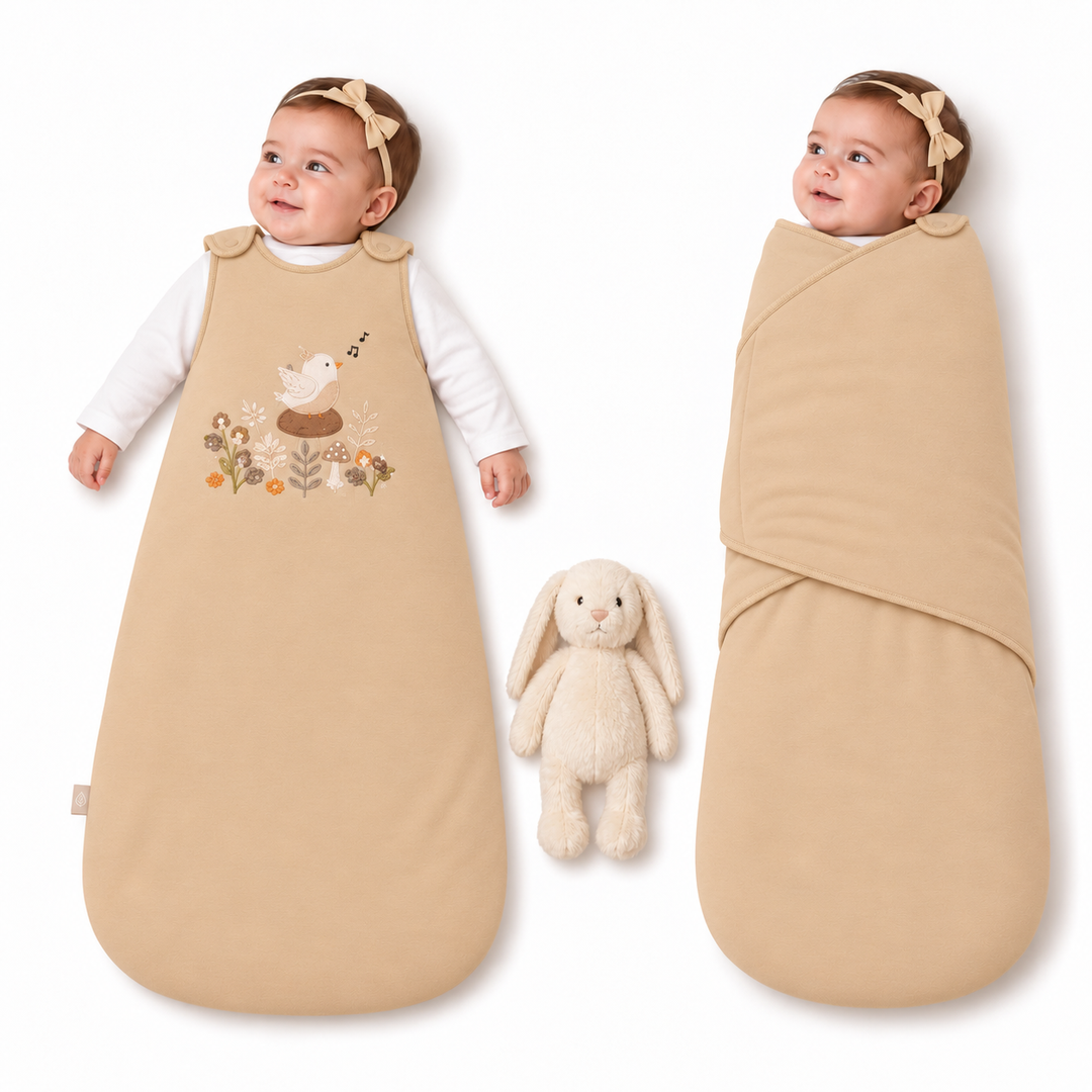 Gigoteuse bébé Ecowool Le chant de l’oiseau en miel, modèle évolutif 0–24 mois